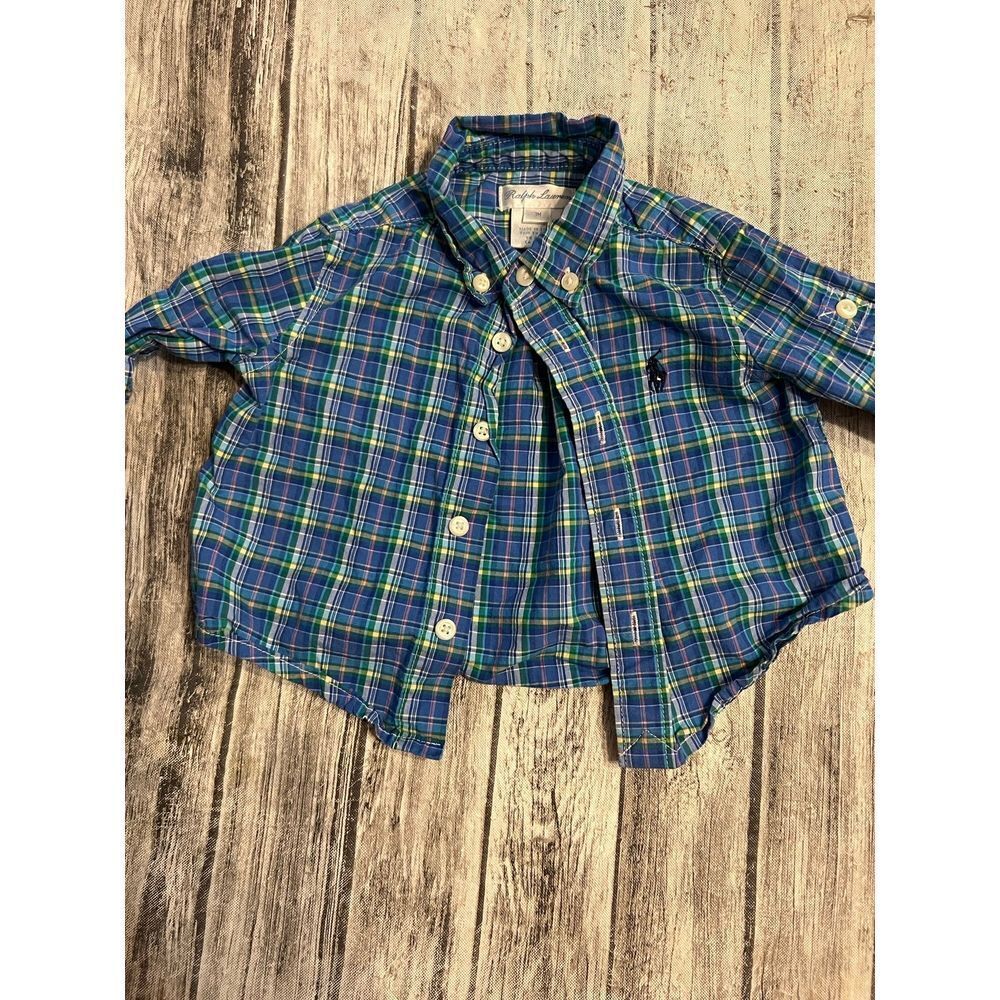 Ralph Lauren boys long sleeve‎ blue plaid shirt size 3 months